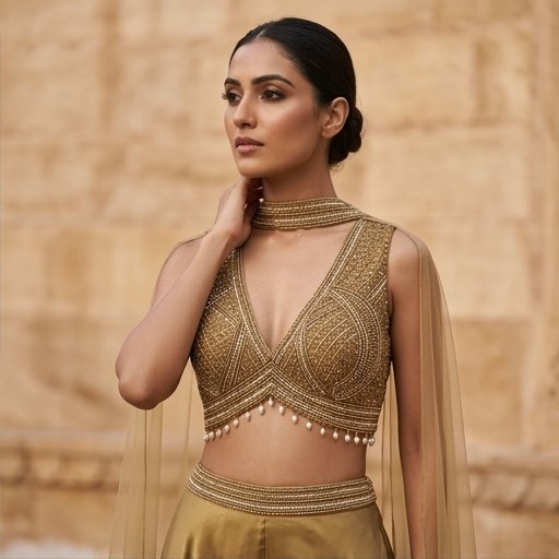 AI photoshoot of the gold co-ord set — beauty close-up portrait against a sandstone wall