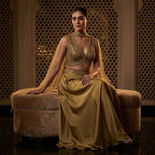 AI photoshoot of the gold co-ord set — seated editorial shot on a velvet ottoman