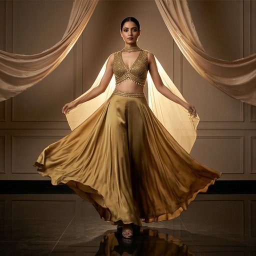 AI photoshoot of the gold co-ord set — twirl showing the fabric drape and flow