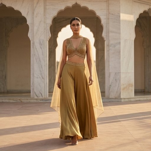 AI photoshoot of the gold co-ord set — full-length walking shot showing movement