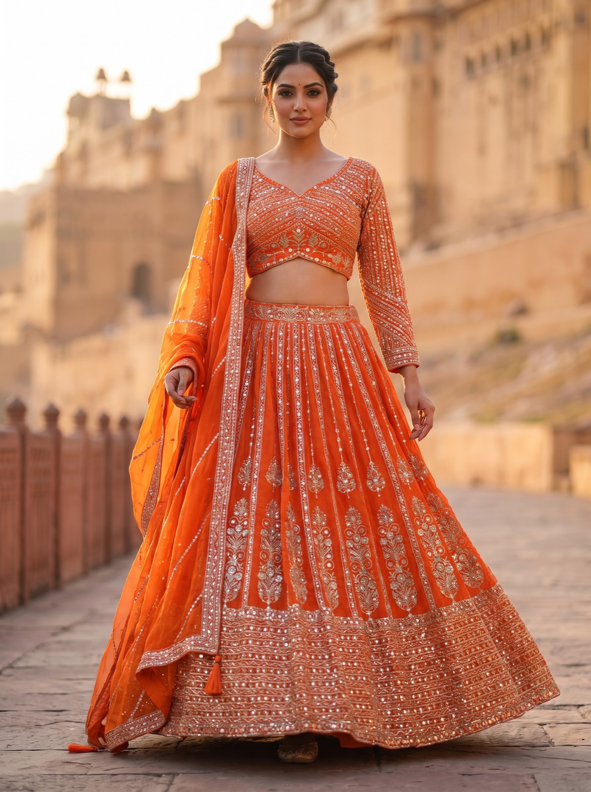 AI photoshoot of the same orange lehenga — full-length golden-hour shot of a model outside a sandstone fort, dupatta draped, mirror work and embroidery intact