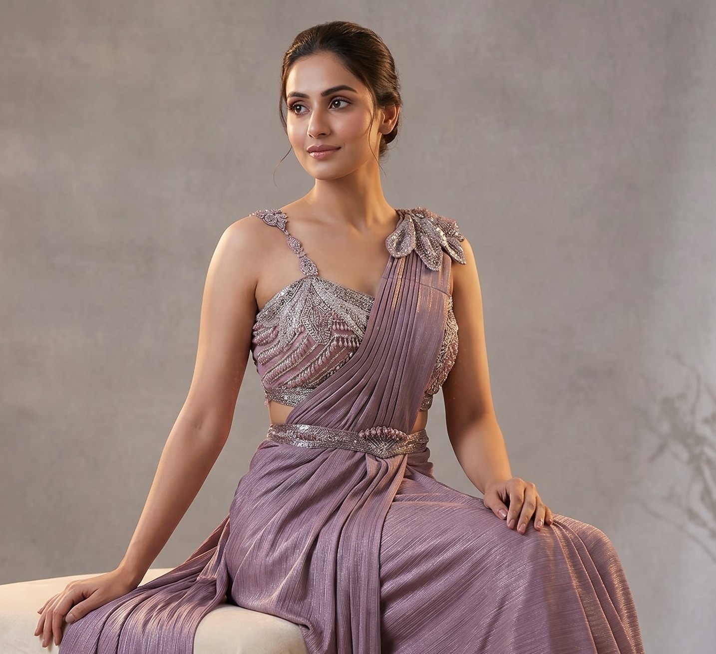 The same saree worn by a model, waist-up — the professional on-model photoshoot they got back