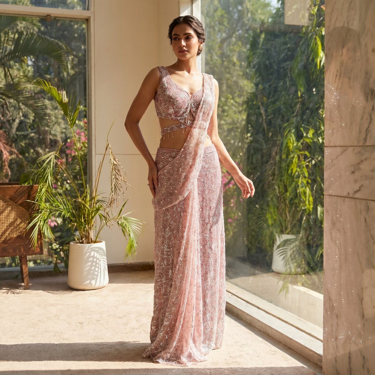 AI photoshoot of the sequinned saree — editorial on-model catalog image